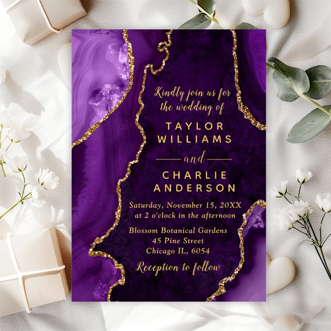 Purple and Gold Agate Marble Wedding Invitation (Creator Uploaded)