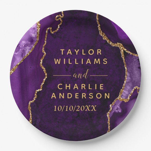 Purple and Gold Agate Marble Wedding Paper Plate (Front)