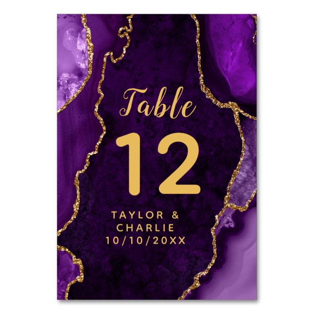 Purple and Gold Agate Marble Wedding Table Number (Front)