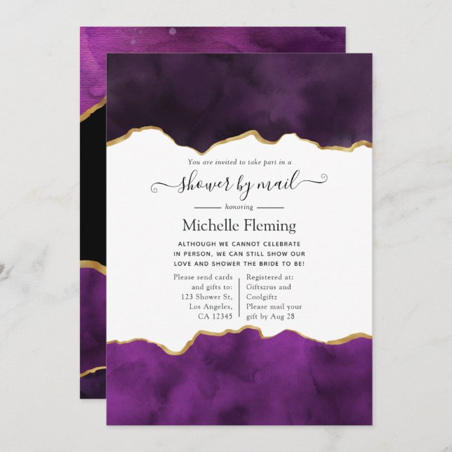 Purple and Gold Agate Shower by Mail Invitation (Front/Back)
