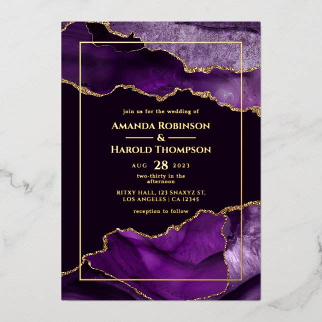 Purple and Gold Agate Wedding Foil Invitation (Front)