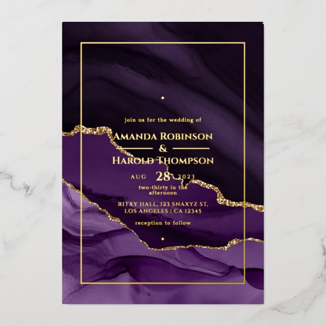 Purple and Gold Agate Wedding Foil Invitation (Front)