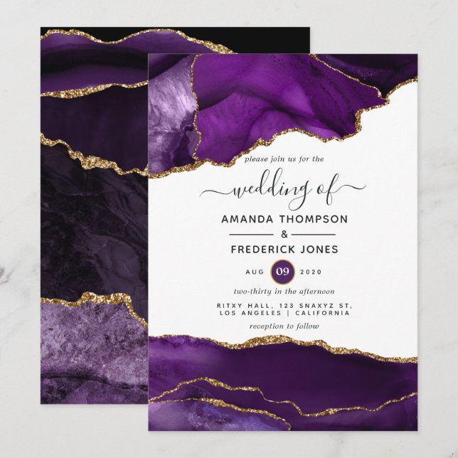 Purple and Gold Agate Wedding Invitation (Front/Back)