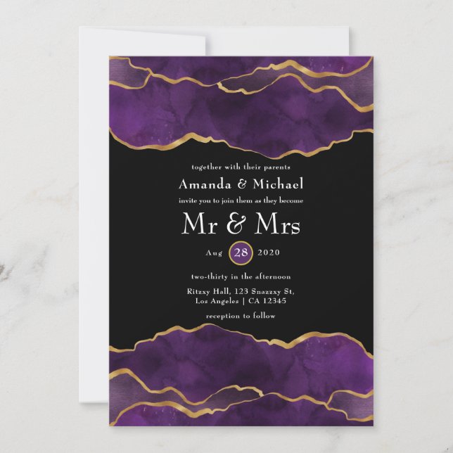 Purple and Gold Agate Wedding Invitation (Front)