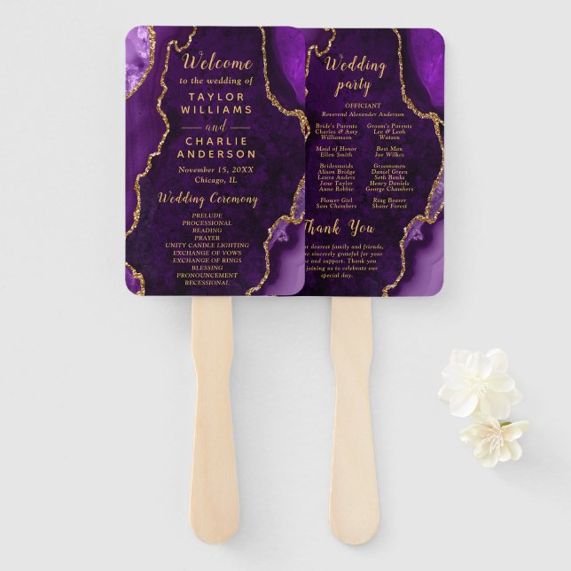 Purple and Gold Agate Wedding Program Hand Fan (Front and Back)