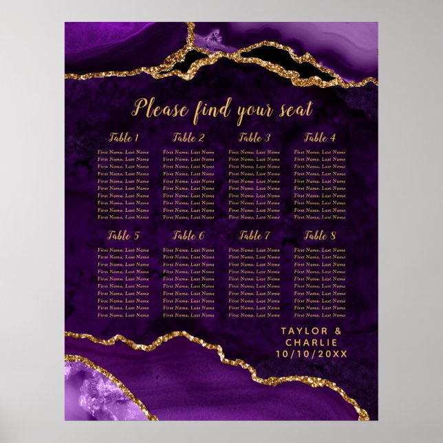 Purple and Gold Agate Wedding Seating Chart (Front)