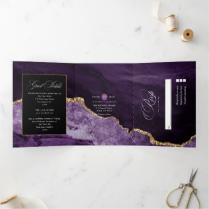 Purple and Gold Agate Wedding Tri-Fold Invitation