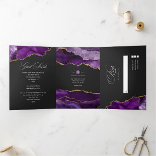 Purple and Gold Agate Wedding Tri-Fold Invitation