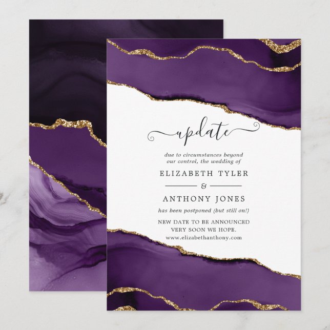 Purple and Gold Agate Wedding Update Invitation (Front/Back)