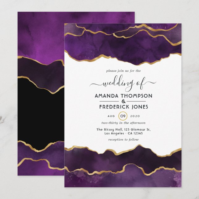 Purple and Gold Agate Wedding Update Invitation (Front/Back)