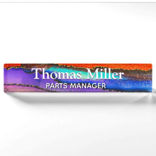 Purple and Gold Alcohol Ink Art Desk Nameplate