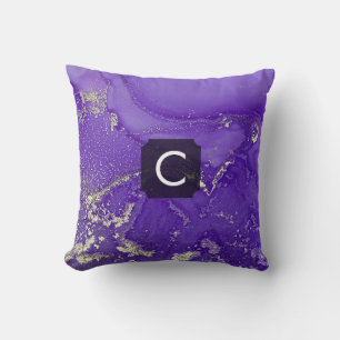 Purple and Gold Alcohol Ink Liquid Art Monogram Cushion