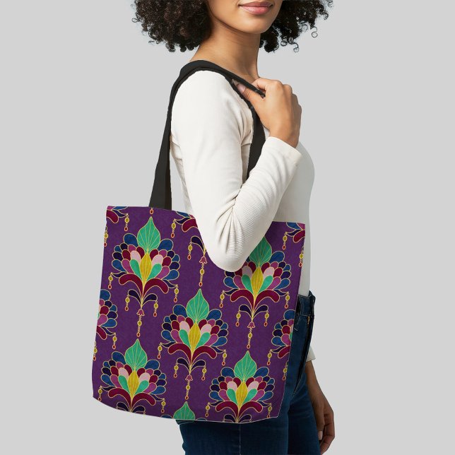 Purple and Gold Art Deco Floral Ornament Tote Bag (Creator Uploaded)