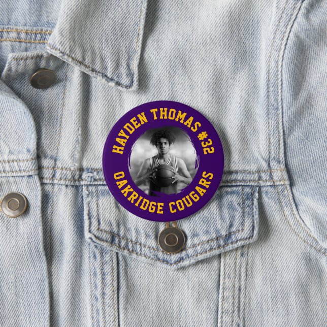 Purple and Gold Athlete Name Jersey Number Photo 7.5 Cm Round Badge (In Situ)