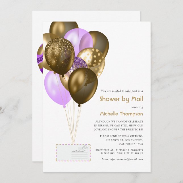 Purple and Gold Baby or Bridal Shower by Mail Invitation (Front/Back)