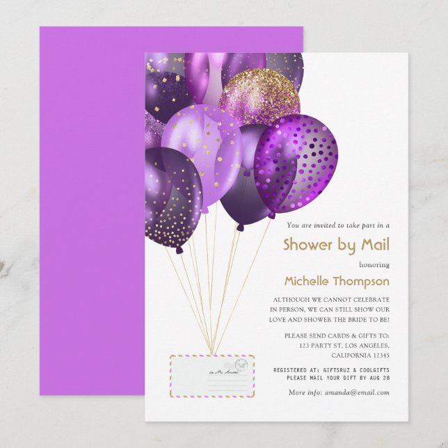 Purple and Gold Baby or Bridal Shower by Mail Invitation (Front/Back)