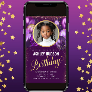 Purple and Gold Balloons Kids Birthday Invitation