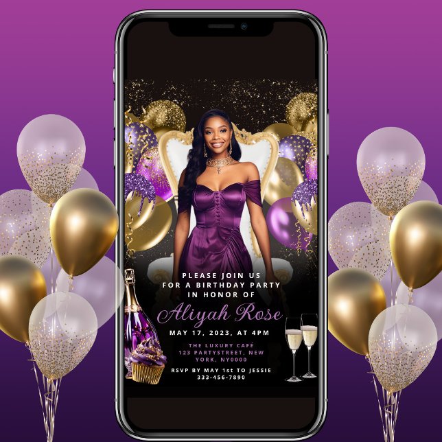 Purple and Gold Balloons Royal Birthday Invitation (Creator Uploaded)