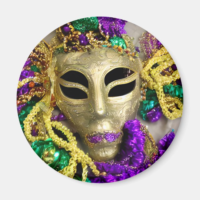 Purple and Gold Beads Masquerade Mask Mardi Gras Magnet (Front)