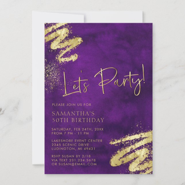 Purple and Gold Birthday Invitation (Front)