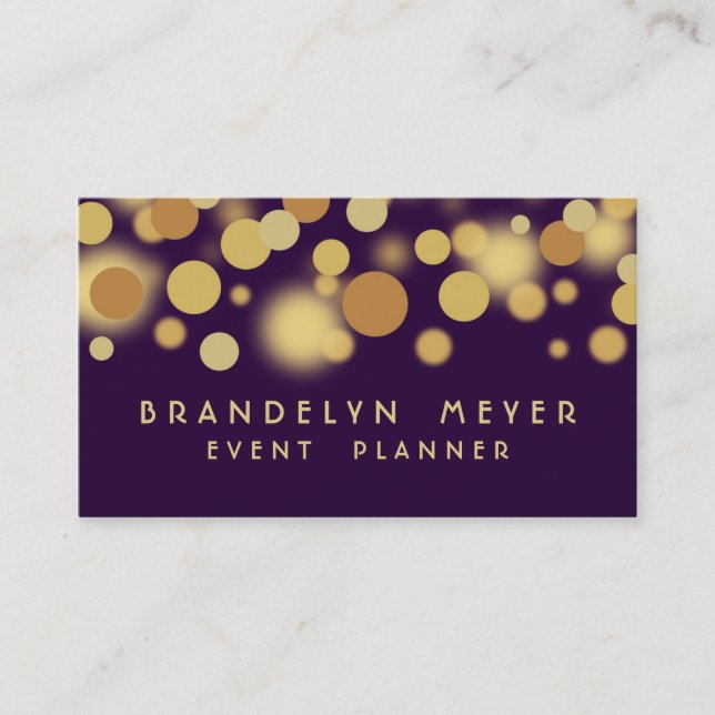 Purple and Gold Bokeh Dots Business Card (Front)