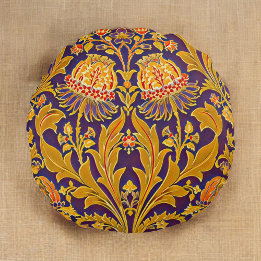 Purple and Gold Botanical Morris Inspired Floral  Round Cushion