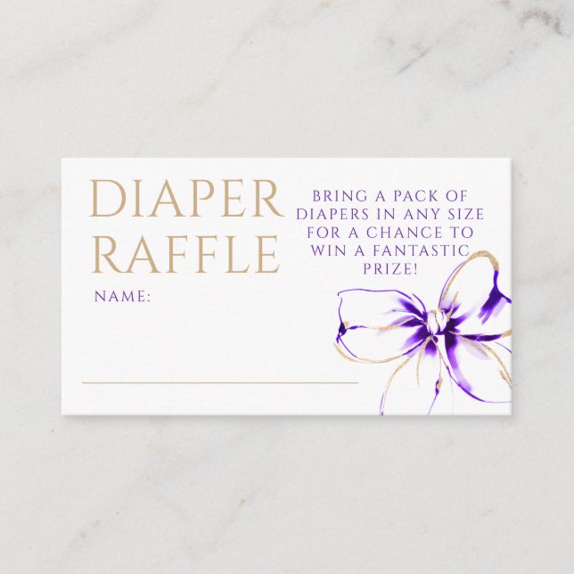Purple and Gold Bow Diaper Raffle Ticket Enclosure Card (Front)