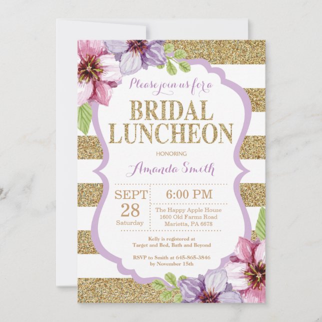 Purple and Gold Bridal Luncheon Invitation Floral (Front)