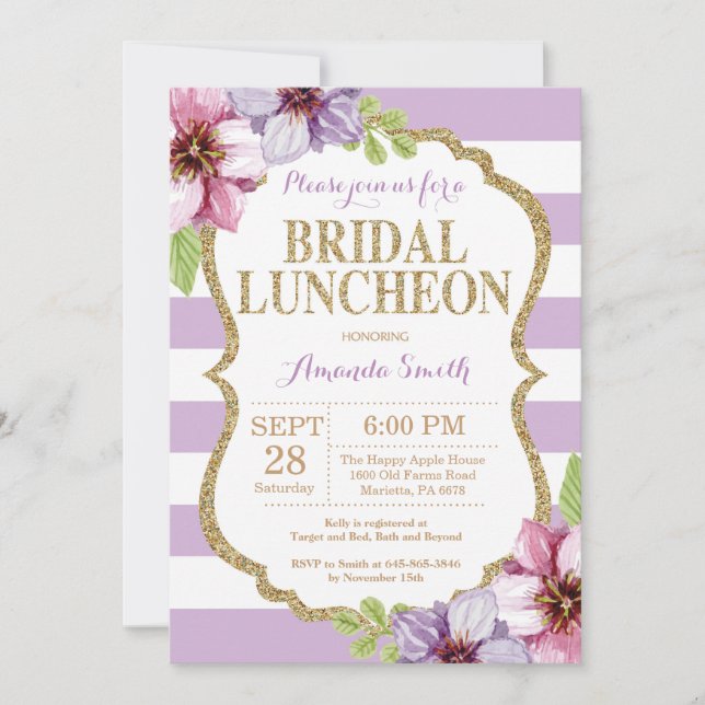 Purple and Gold Bridal Luncheon Invitation Floral (Front)