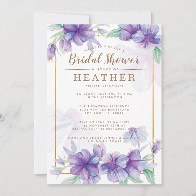 Purple and Gold Bridal Shower Invitation (Front)