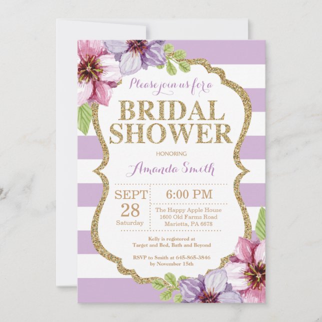 Purple and Gold Bridal Shower Invitation Floral (Front)
