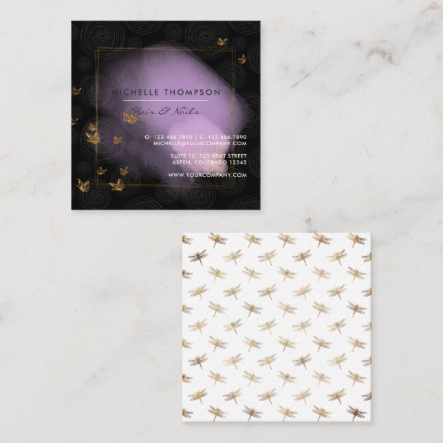Purple and Gold Brushstrokes Doodle Square Busines Square Business Card (Front/Back)