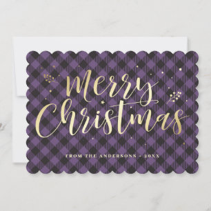 Purple and Gold Buffalo Plaid Typography Holiday Card