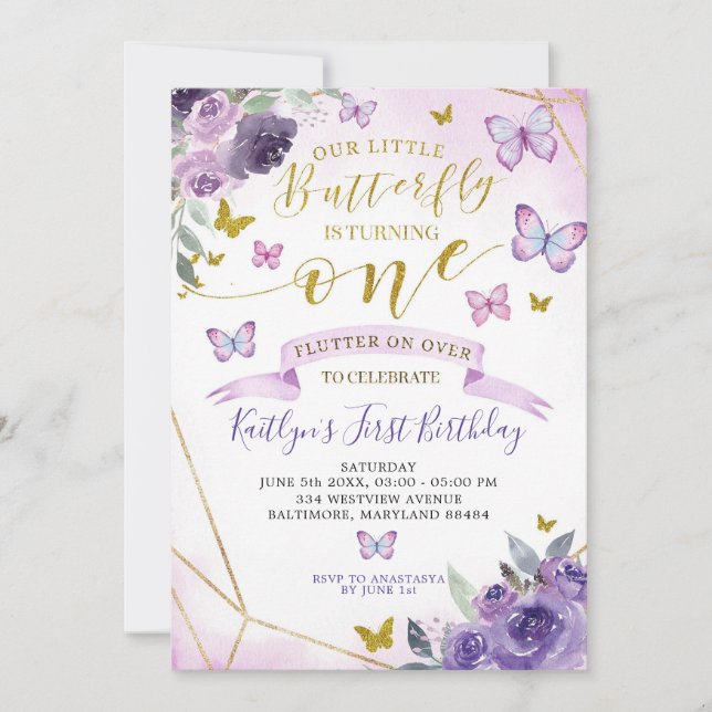 Purple and Gold Butterfly 1st Birthday Invitation (Front)