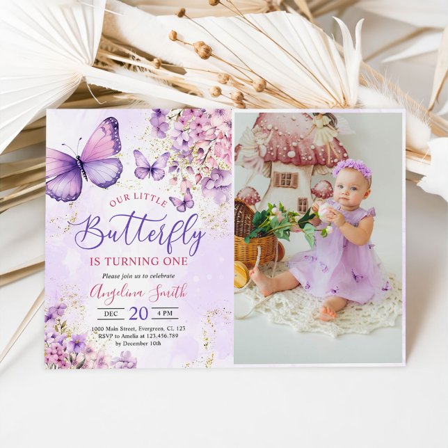 Purple and Gold Butterfly 1st Birthday Photo Invitation (Creator Uploaded)