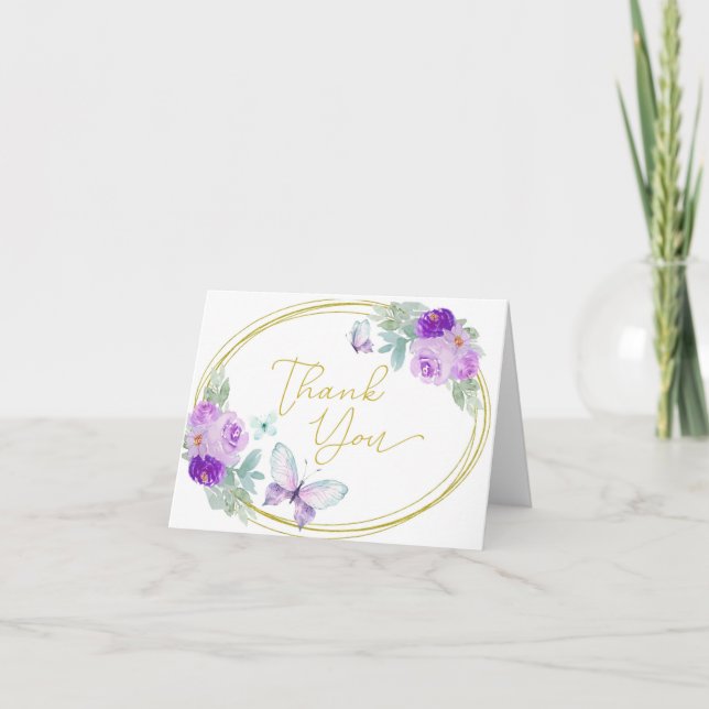 Purple and Gold Butterfly Baby Shower or Birthday  Thank You Card (Front)