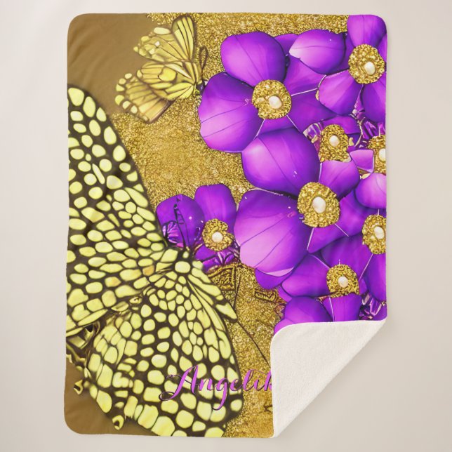 Purple and Gold Butterfly Personalised Name Sherpa Blanket (Front)