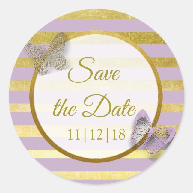 Purple and Gold Butterfly Save the Date Stickers (Front)