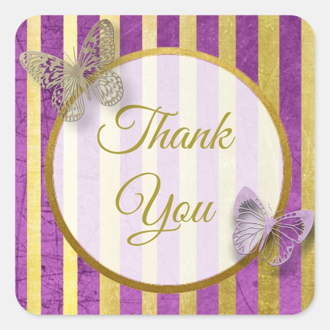 Purple and Gold Butterfly Thank You Stickers (Front)
