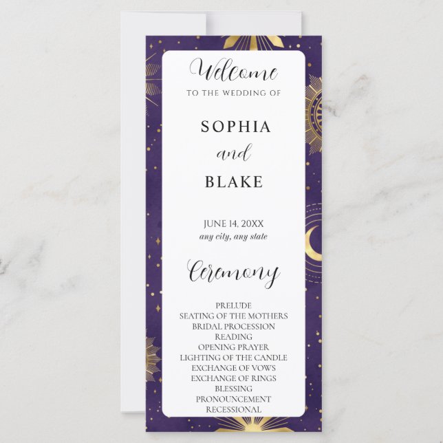 Purple and Gold Celestial Wedding Program (Front)