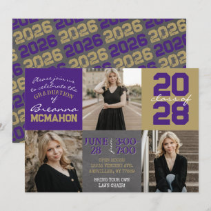 Purple and Gold Chalkboard 3 Photo Graduation Invitation