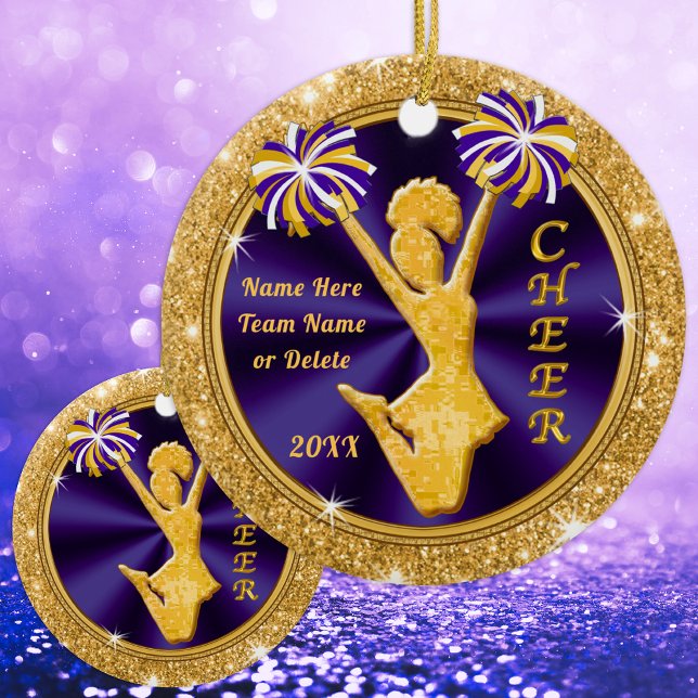 Purple and Gold, Cheer Team Christmas Gifts Ceramic Tree Decoration (Personalized Cheer Ornaments. Nice, Cheerleading Christmas Gifts, for Girls. Cheer Squad Gifts.)