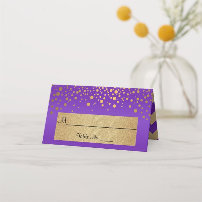 Purple and Gold Chevron and Confetti Dots Place Card (Front)