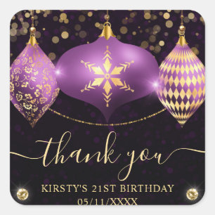 Purple and Gold Christmas Baubles Birthday Square Sticker