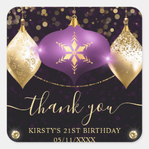 Purple and Gold Christmas Baubles Birthday Square Sticker