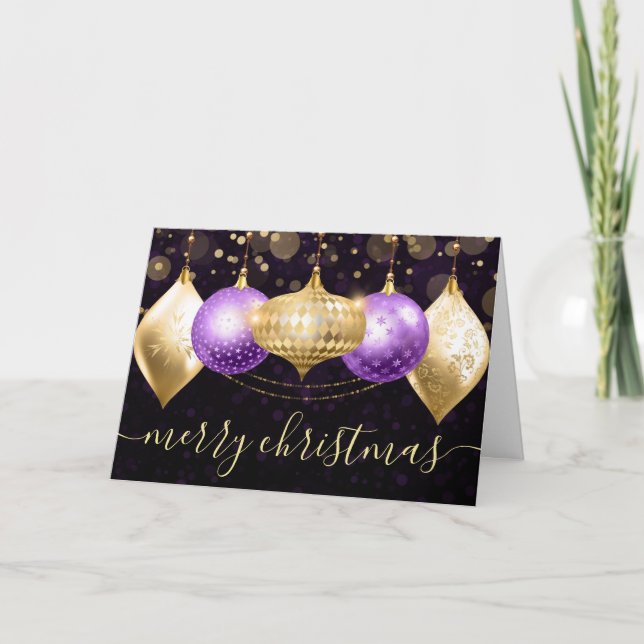 Purple and Gold Christmas Baubles Ornaments Holiday Card (Front)
