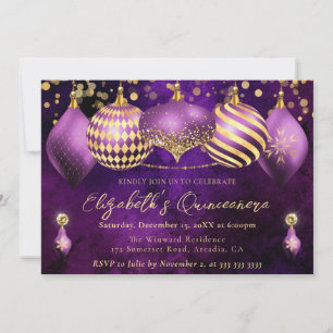 Purple and Gold Christmas Baubles Quinceanera Invitation