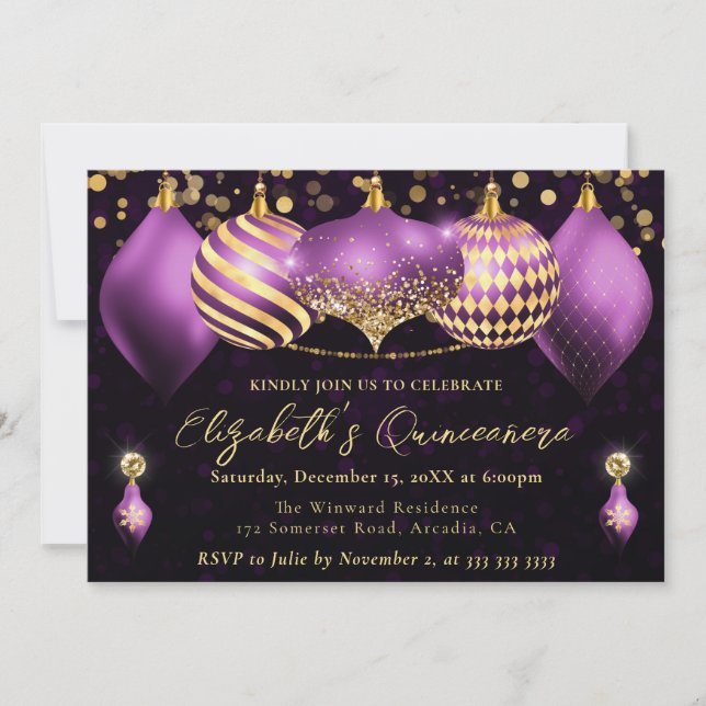 Purple and Gold Christmas Baubles Quinceanera Invitation (Front)