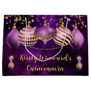 Purple and Gold Christmas Baubles Quinceanera Large Gift Bag
