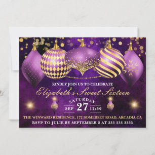 Purple and Gold Christmas Baubles Sweet 16 Invitation